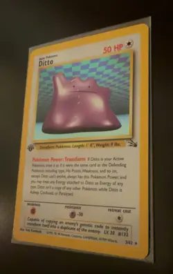 1999 Pokemon TCG Fossil Ditto 1st Edition Holo Rare 3/62, MP, Scratched - Image 1