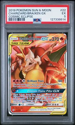 2019 POKEMON SUN & MOON COSMIC ECLIPSE #22 CHARIZARD & BRAIXEN GX PSA 5 - Image 1