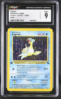 CGC 9 MINT Lapras 1999 Fossil 1st Edition 10/62 Holo Pokemon Card - Image 1