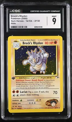 CGC 9 MINT Brock's Rhydon Gym Heroes 1st Edition 2/132 Holo Pokemon Card - Image 1