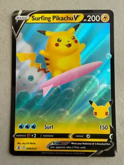 Pokemon TCG 2021 Celebrations Surfing Pikachu v Holo Rare Card 008/025 NM - Image 1