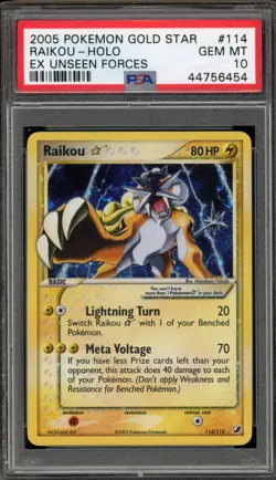 Pokemon Raikou Gold Star EX Unseen Forces Holo Ultra Rare #114 PSA 10 Gem Mint - Image 1