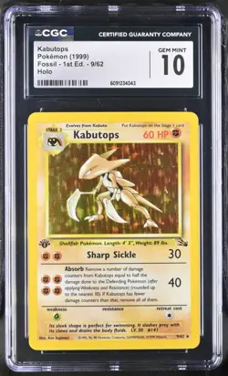 CGC 10 GEM MINT Kabutops 1999 Fossil 1st Edition 9/62 Holo Pokemon Card - Image 1