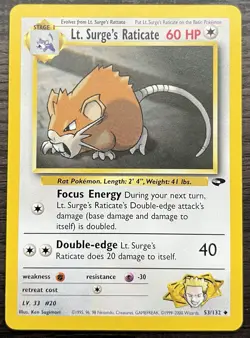 Lt. Surge's Raticate 53/132 Pokemon TCG WOTC Gym Challenge Uncommon Near Mint NM - Image 1