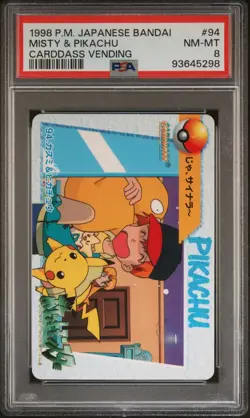 1998 Misty & Pikachu #94 Pokemon Bandai Anime Carddass Vending Mint Card PSA 8 - Image 1