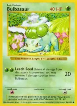 Bulbasaur - 44/102 - Common - Shadowless Edition HP, English Pokemon Base Set - Image 1