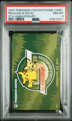 2001 POKEMON CENTER PHONE CARD 5TH ANV PIKACHU & PICHU PSA 8 - Image 1