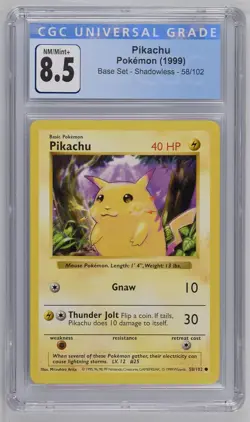 1999 POKEMON BASE SET SHADOWLESS PIKACHU 58/102 CGC 8.5 PSA - Image 1