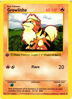 Pokemon TCG 1st Edition Shadowless Growlithe 28/102 Base Set DMG - Image 1