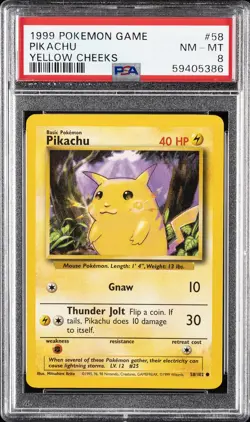1999 POKEMON BASE SET UNLIMITED YELLOW CHEEKS #58 PIKACHU PSA 8 - Image 1