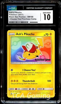 CGC 10 GEM MINT Ash's Pikachu SM108 PROMO Pokemon Card - Image 1