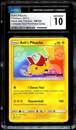 CGC 10 GEM MINT Ash's Pikachu SM108 PROMO Pokemon Card - Image 2