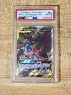2019 POKEMON SUN & MOON UNBROKEN BONDS #201 FULL ART/GRENINJA & ZOROARK GX PSA 8 - Image 1