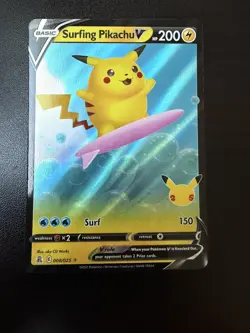 Pokemon TCG Surfing Pikachu v Celebrations Holo Ultra Rare Card 008/025 - Image 1