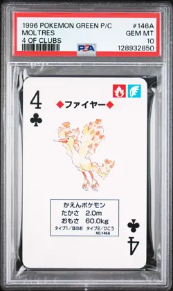 1996 POKEMON GREEN VERSION PLAYING CARDS 4 OF CLUBS #146A MOLTRES PSA 10 - Image 1