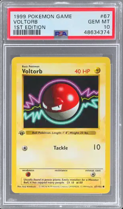 PSA 10 Voltorb 1st Edition Shadowless Base Set English Pokemon Card #67 Gem Mint - Image 1