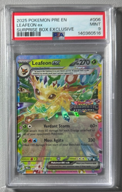 Pokemon Prismatic Evolutions Leafeon ex 006/131 Surprise Box Stamped PSA 9 - Image 1