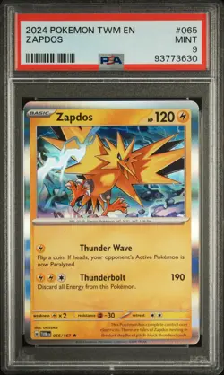 2024 POKEMON TWM EN-TWILIGHT MASQUERADE #065 ZAPDOS PSA 9 - Image 1