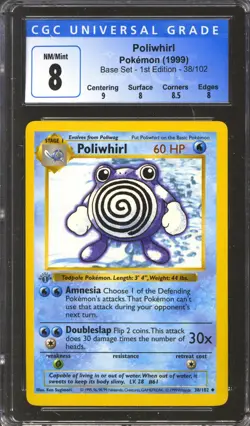 Pokemon Base Set 1st Edition Poliwhirl 38/102 CGC 8 subs - Image 1