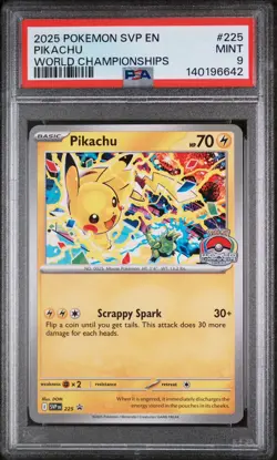 2025 POKEMON SVP EN-SV BLACK STAR PROMO WORLD CHAMPIONSHIPS #225 PIKACHU PSA 9 - Image 1