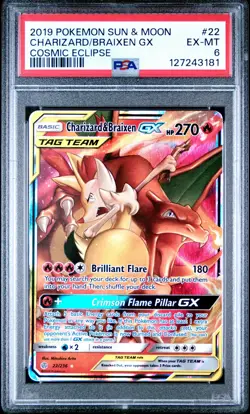 2019 Pokemon TCG Charizard & Braixen GX Sun & Moon Cosmic Eclipse #22/236 PSA 6 - Image 1