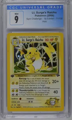 Lt Surge's Raichu Pokemon 2000 Gym Challenge 1st Edition 11/132 Holo CGC 9 Mint - Image 1