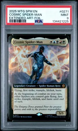 2025 MTG MARVEL'S SPIDER-MAN EXTENDED ART-FOIL #0271 COSMIC SPIDER-MAN PSA 9 - Image 1