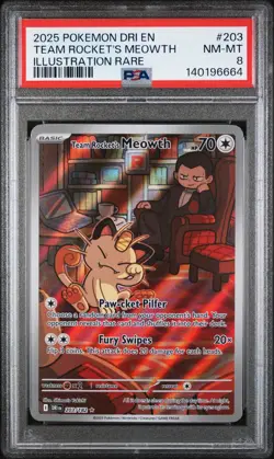 2025 POKEMON DRI EN-DESTINED RIVALS ILLUSTRATION RARE TEAM ROCKET'S MEOWTH PSA 8 - Image 1