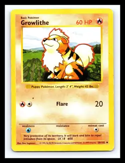 💥 Growlithe 28/102 Base Set Shadowless Pokemon 1999 WOTC TCG Vintage Card Rare - Image 1