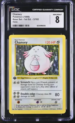 POKEMON (1999) CGC 8 Chansey 3/102 Base Set Shadowless 1st Edition Holo - Image 1