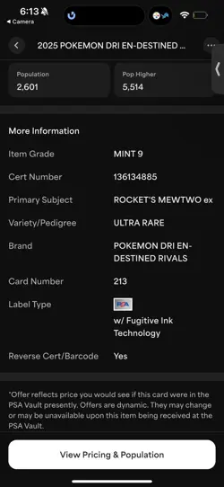 2025 POKEMON DRI EN-DESTINED RIVALS ULTRA RARE TEAM ROCKET'S MEWTWO EX PSA 9 - Image 3