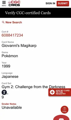 CGC 9 Mint Giovanni’s Magikarp 129 JP Gym Challenge Pokemon TCG - Population 59 - Image 3