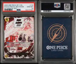 2025 ONE PIECE OP11-ALT ART #114 GUM-GUM FIRE-FIST PISTOL RED HAWK PSA 10 - Image 1