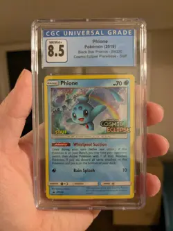 CGC 8.5 Phione SM220 Cosmic Eclipse Pokemon Promo Holo Card Staff Prerelease - Image 1
