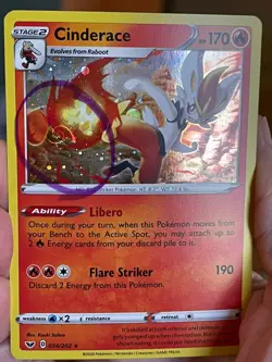 POKEMON CINDERACE 034/202 RARE COSMOS HOLO WITH HD SWIRL SWORD & SHIELD SEE PICS - Image 1