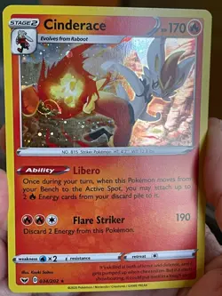 POKEMON CINDERACE 034/202 RARE COSMOS HOLO WITH HD SWIRL SWORD & SHIELD SEE PICS - Image 4