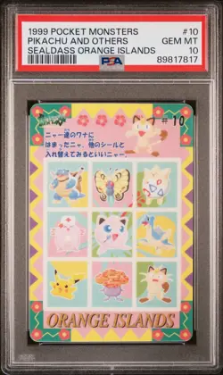 1999 POCKET MONSTERS SEALDASS ORANGE ISLANDS #10 PIKACHU AND OTHERS PSA 10 - Image 1