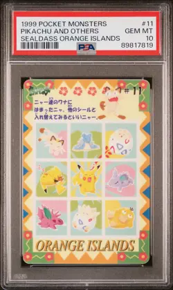 1999 POCKET MONSTERS SEALDASS ORANGE ISLANDS #11 PIKACHU AND OTHERS PSA 10 - Image 1