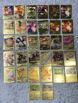 Set of 32 Hi-Gloss Charizard,Mewtwo,Umbreon,Pikachu&More Gold Foil Fan Art Cards - Image 1