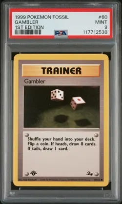 1999 POKEMON FOSSIL 1ST ED #60 GAMBLER PSA 9 - Image 1