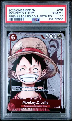 2023 ONE PIECE PREMIUM CARD 25TH ANNIVERSARY #001 MONKEY D LUFFY EN PSA 10 - Image 1