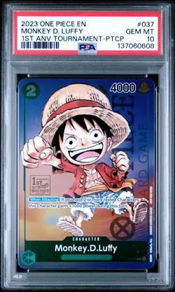 2023 ONE PIECE P-037 1ST ANNIVERSARY TOURNAMENT MONKEY D LUFFY ENGLISH PSA 10 - Image 1