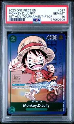 2023 ONE PIECE P-037 1ST ANNIVERSARY TOURNAMENT MONKEY D LUFFY ENGLISH PSA 10 - Image 1