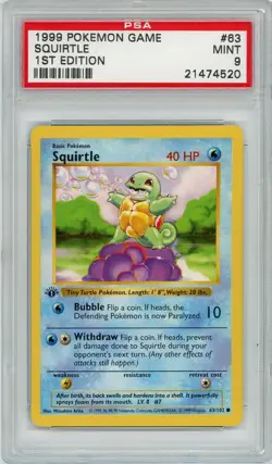 Pokemon Squirtle #63 Base Set 1st Edition Shadowless PSA 9 Mint - Image 1