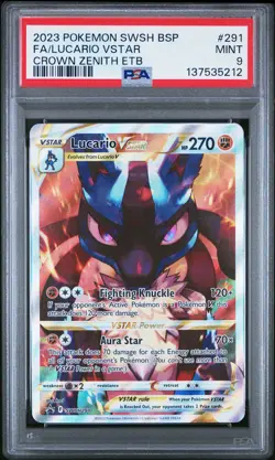 2023 POKEMON SWSH CROWN ZENITH ETB PROMO #291 FULL ART/LUCARIO VSTAR PSA 9 - Image 1