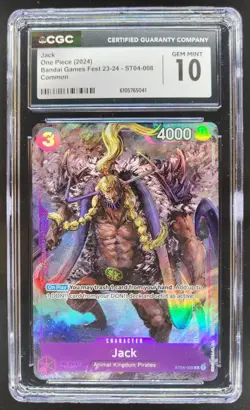 2024 ONE PIECE CCG JACK BANDAI GAMES FEST ST04-008 CGC 10 RC7 - Image 1