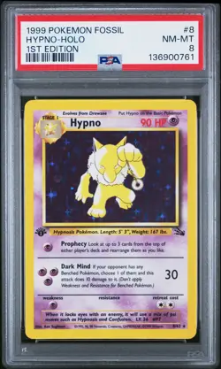 1999 POKEMON FOSSIL 1ST ED #8 HYPNO-HOLO PSA 8 - Image 1