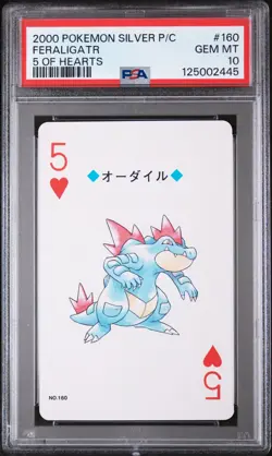 2000 POKEMON SILVER VERSION PLAYING CARDS 5 OF HEARTS #160 FERALIGATR PSA 10 - Image 1