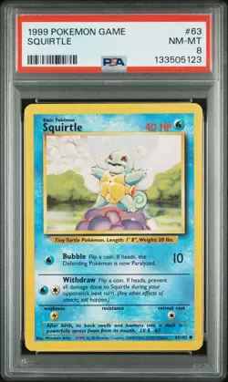 1999 POKEMON BASE SET UNLIMITED #63 SQUIRTLE PSA 8 - Image 1