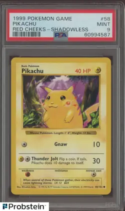 1999 Pokemon TCG Shadowless #58 Pikachu Red Cheeks PSA 9 MINT - Image 1